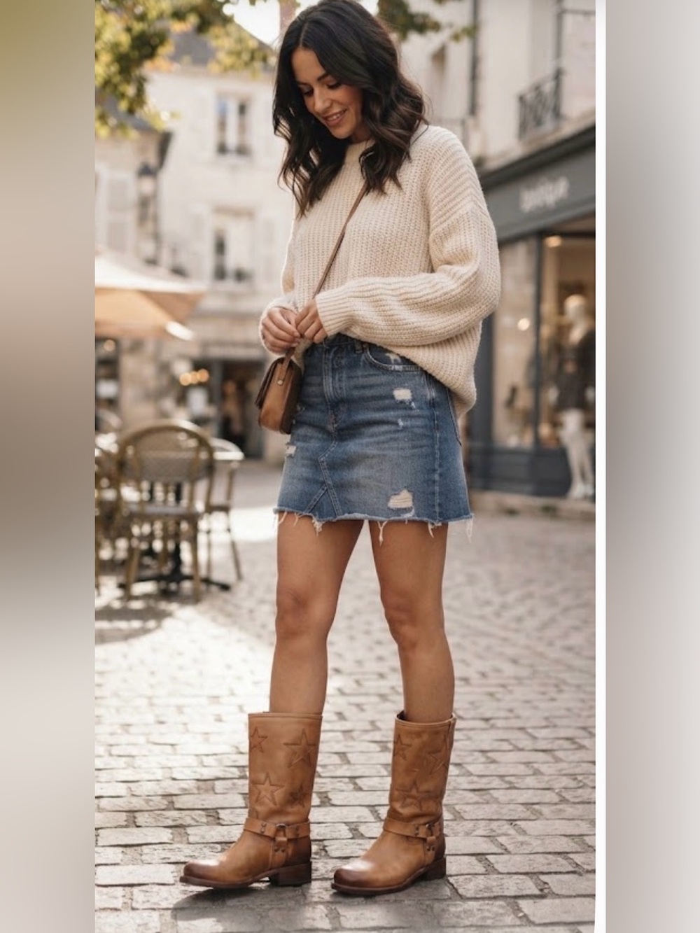 Women’s Tan Star-Embroidered Combat Moto Boots